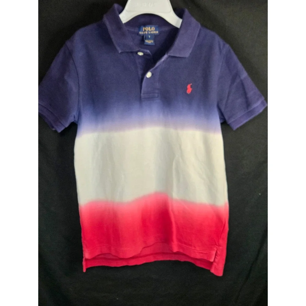 Polo Ralph Lauren Boys Size 7 Dip Dye Ombre Polo Shirt Navy White Red Pony